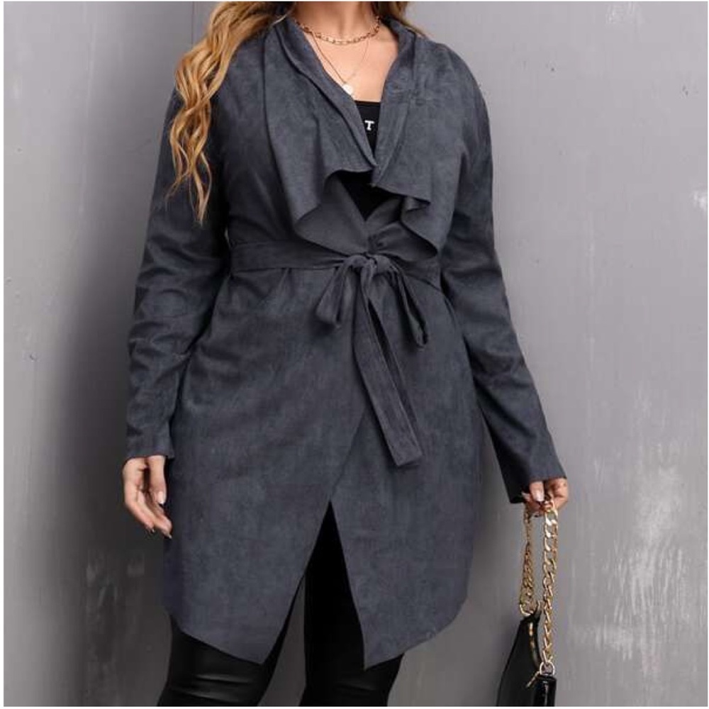 Plus Charcoal Grey Waterfall Belted Jacket Coat Winter - Picture 3 of 3